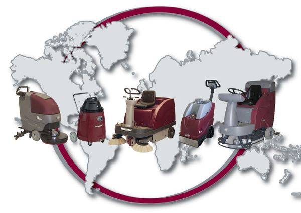 World map ringed by Minuteman floor cleaning machines